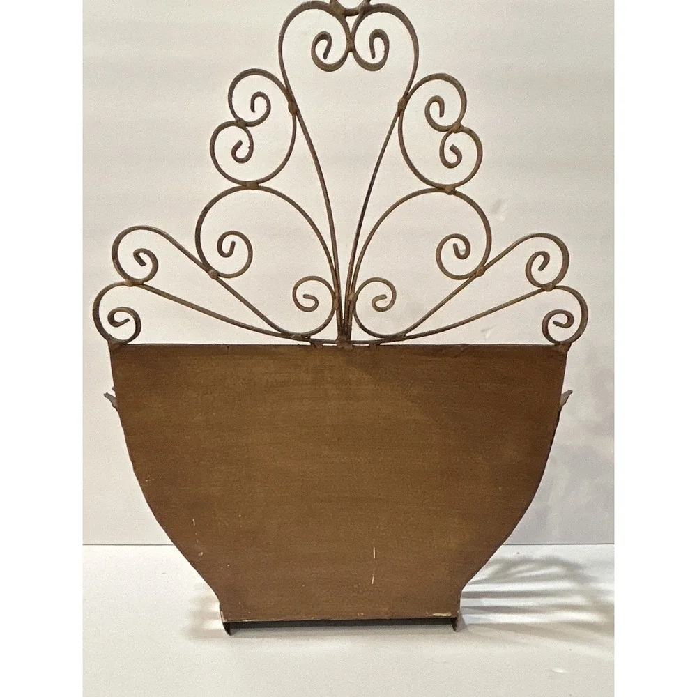 Brown Metal Wall Mounted Decorative Basket Holder w/ Scrollwork 16x12x5